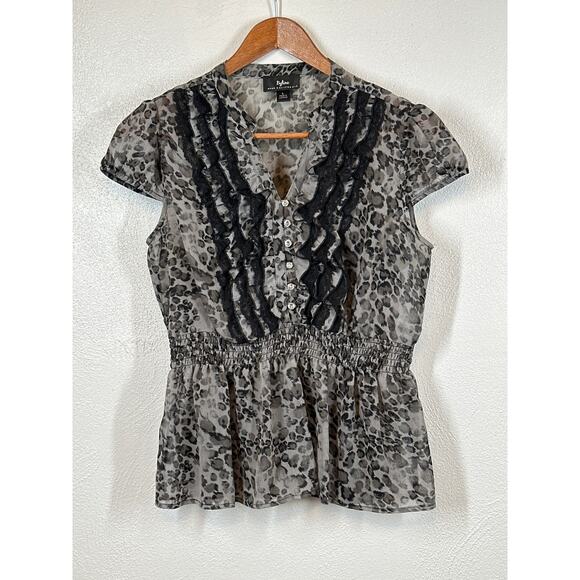 Vtg 90s Y2K Sheer Blouse L Black Grey Leopard Tuxedo Ruffle Gem Gossip Girl - Picture 1 of 12